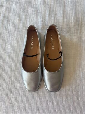 COACH Silver/Metallic Square-Toe Leather Ballet Flats